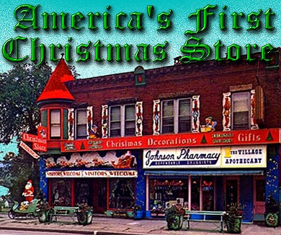 Johnson Pharmacy, which became 'America's 
First Christmas Store,' began selling handmade Christmas decorations in Smethport, Pennsylania, about 1935.  Click for bigger photo.