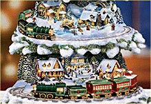 The trains travel around precisely detailed structures and figures on three levels.