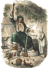 The Spirit of Christmas Present bids Scrooge to enjoy the holiday. Click for a bigger picture.