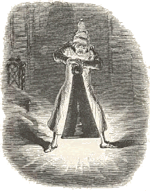 Confronted by many bitter memories, Scrooge attempts to extinguish the first spirit as one would a candle. Click for bigger picture.