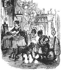 In this detail of a John Leech line drawing you can see the unseen household fairies, inspired to song by the kettle's music and John's joyous homecoming. Click to see the whole picture.