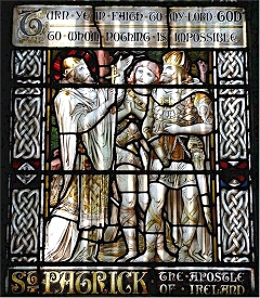This stained glass representation shows Patricius telling the steersman to put his faith in God.  Yes, he was a young escaped prisoner when this happened, and probably not wearing grand robes or a metal crown/mitre/helmet. But the traditions of iconography demand that the saint LOOK like an important person.  This photo was sent to us - if you know the source, please let us know so we can give credit. Click for bigger picture.